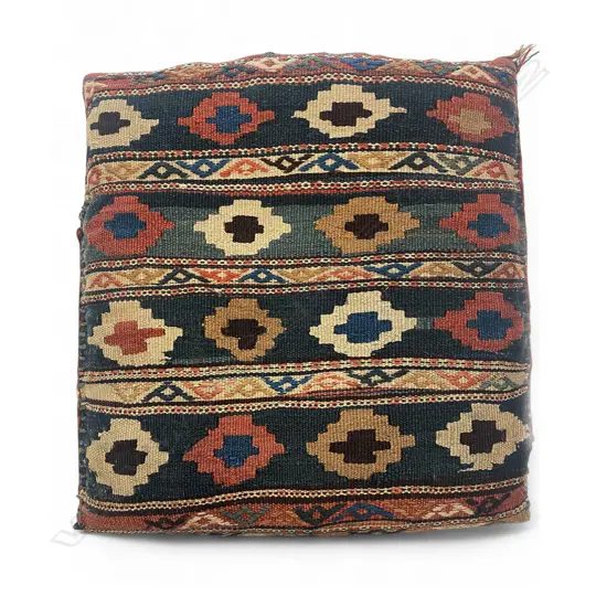 Cushion – wool, - flatweave/embroidery - alternating indigo/cream bands - stepped diamonds with crosses/A-patterns.52.5 x 51cm